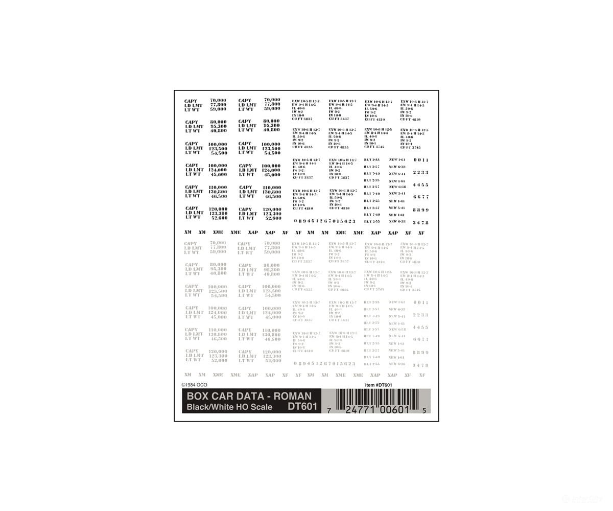 Woodland Scenics 601 Decal - Boxcar Data Roman Decals