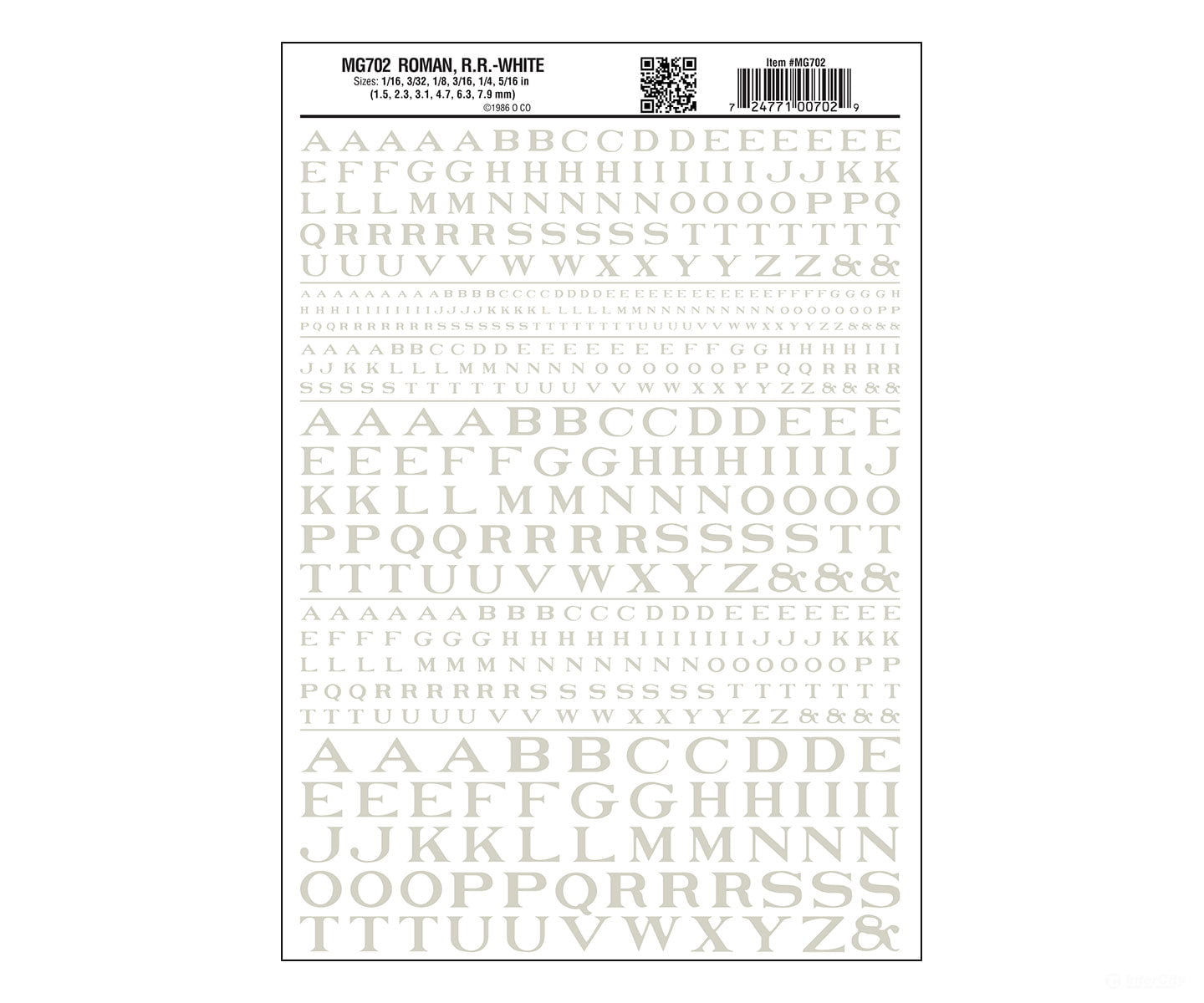 Woodland Scenics 702 Dry Transfer Alphabet - Railroad Roman 1/16 3/32 1/8 3/16 1/4 & 5/16’ - -