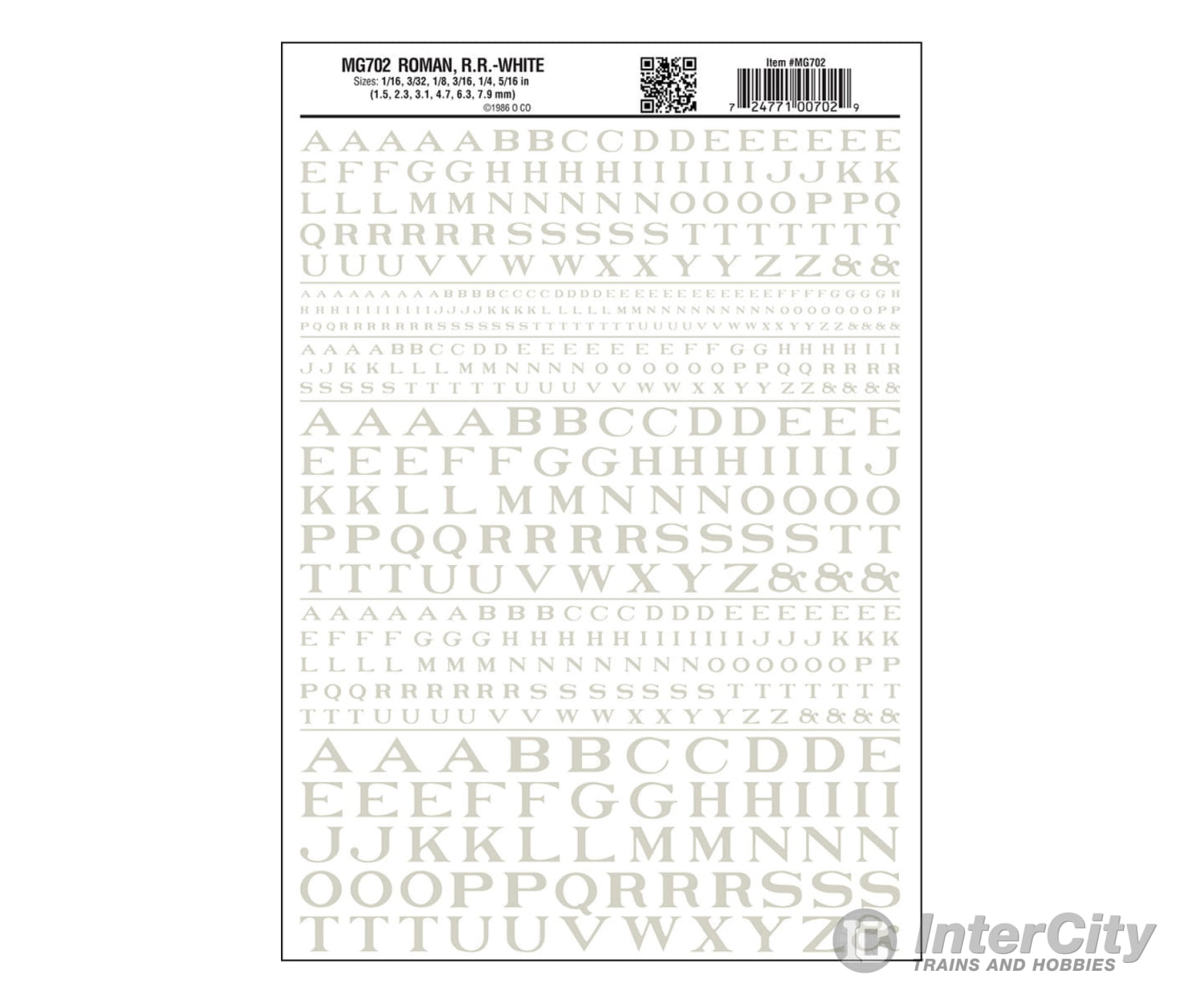 Woodland Scenics 702 Dry Transfer Alphabet - Railroad Roman 1/16 3/32 1/8 3/16 1/4 & 5/16’ - -