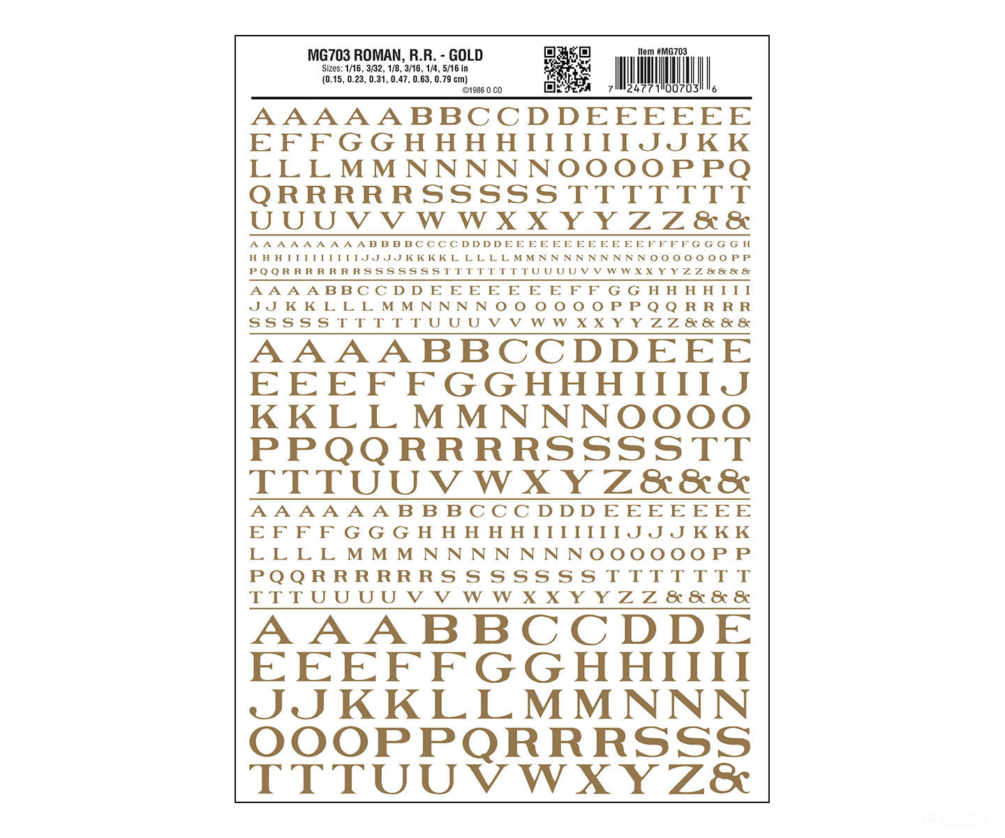 Woodland Scenics 703 Dry Transfer Alphabet - Railroad Roman 1/16 3/32 1/8 3/16 1/4 & 5/16’ - -