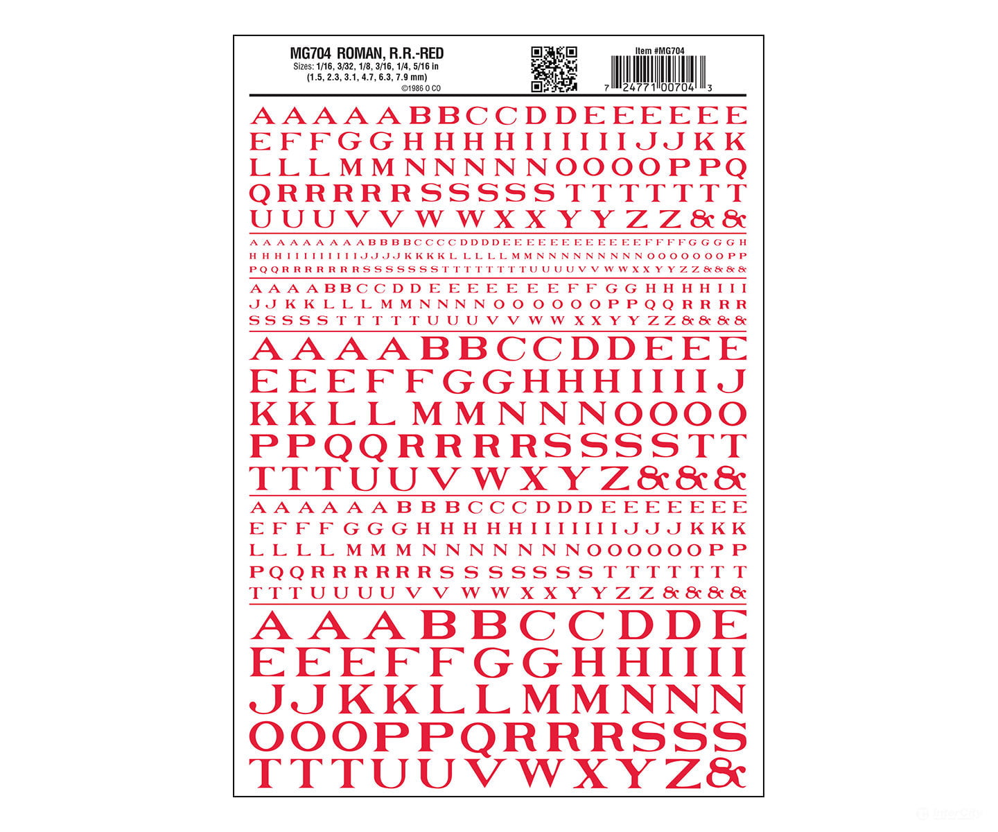 Woodland Scenics 704 Dry Transfer Alphabet - Railroad Roman 1/16 3/32 1/8 3/16 1/4 & 5/16’ - -