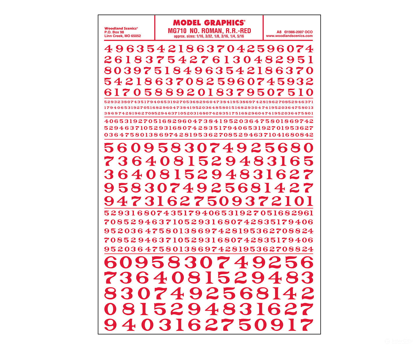 Woodland Scenics 710 Dry Transfer Numbers - Railroad Roman 1/16 3/32 1/8 3/16 1/4 & 5/16’ - - Red