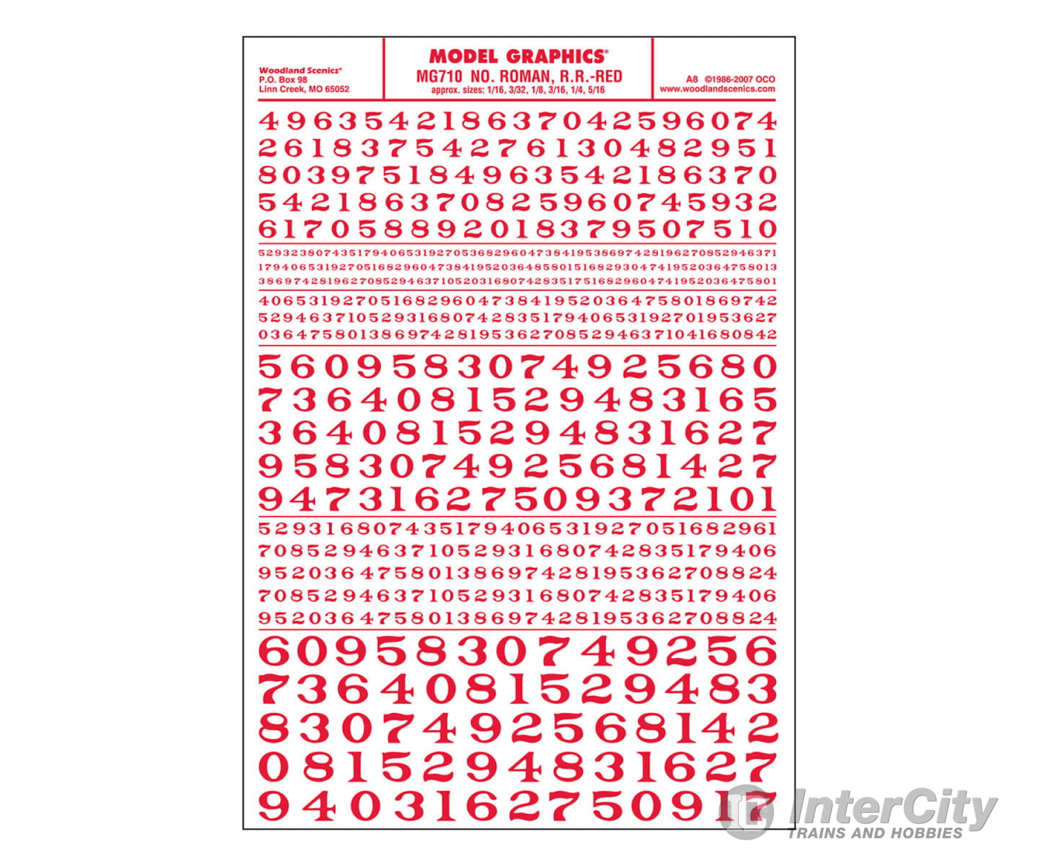 Woodland Scenics 710 Dry Transfer Numbers - Railroad Roman 1/16 3/32 1/8 3/16 1/4 & 5/16’ - - Red