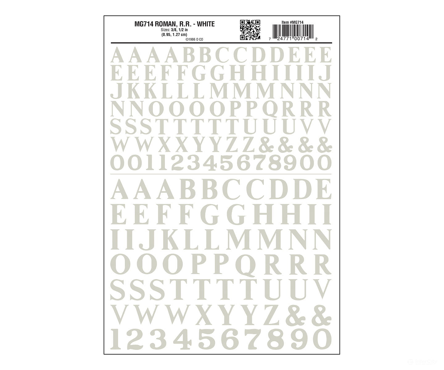 Woodland Scenics 714 Dry Transfer Alphabet & Numbers - Railroad Roman (3/8 1/2’) - - White Decals