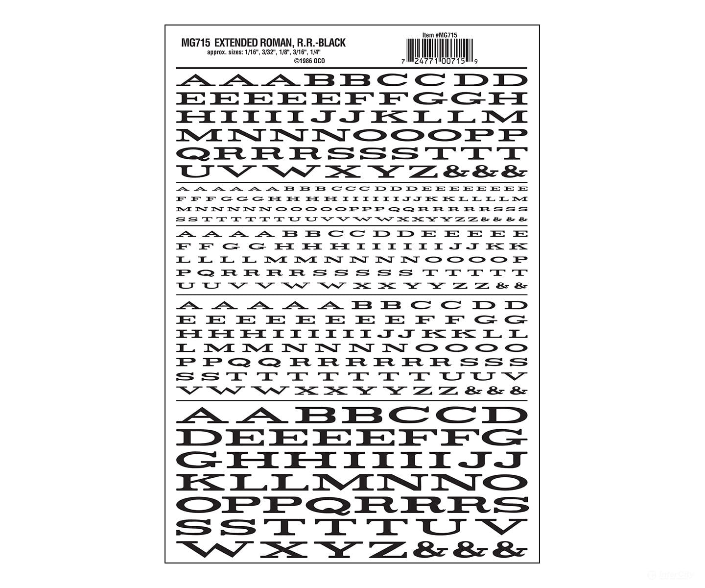 Woodland Scenics 715 Dry Transfer Alphabet & Numbers - Extended Railroad Roman - - Black Decals