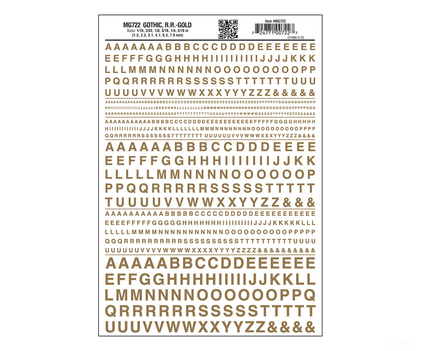 Woodland Scenics 722 Dry Transfer Alphabet & Numbers - Railroad Gothic - - Gold Decals