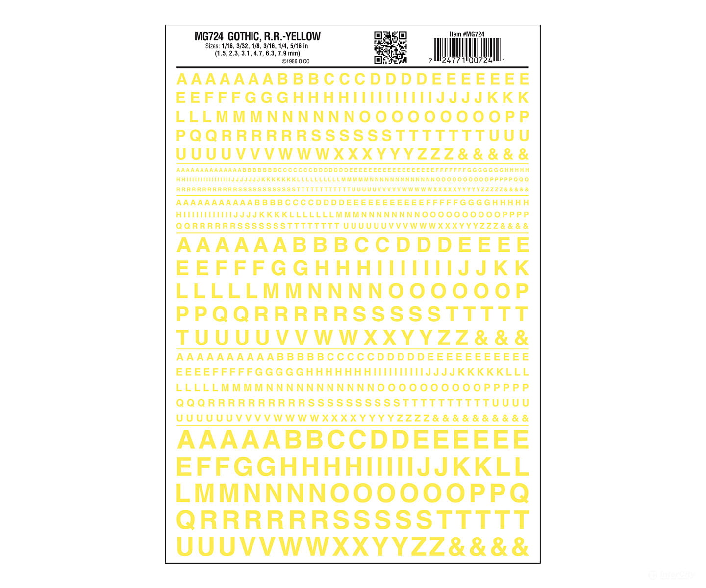 Woodland Scenics 724 Dry Transfer Alphabet & Numbers - Railroad Gothic - - Yellow Decals
