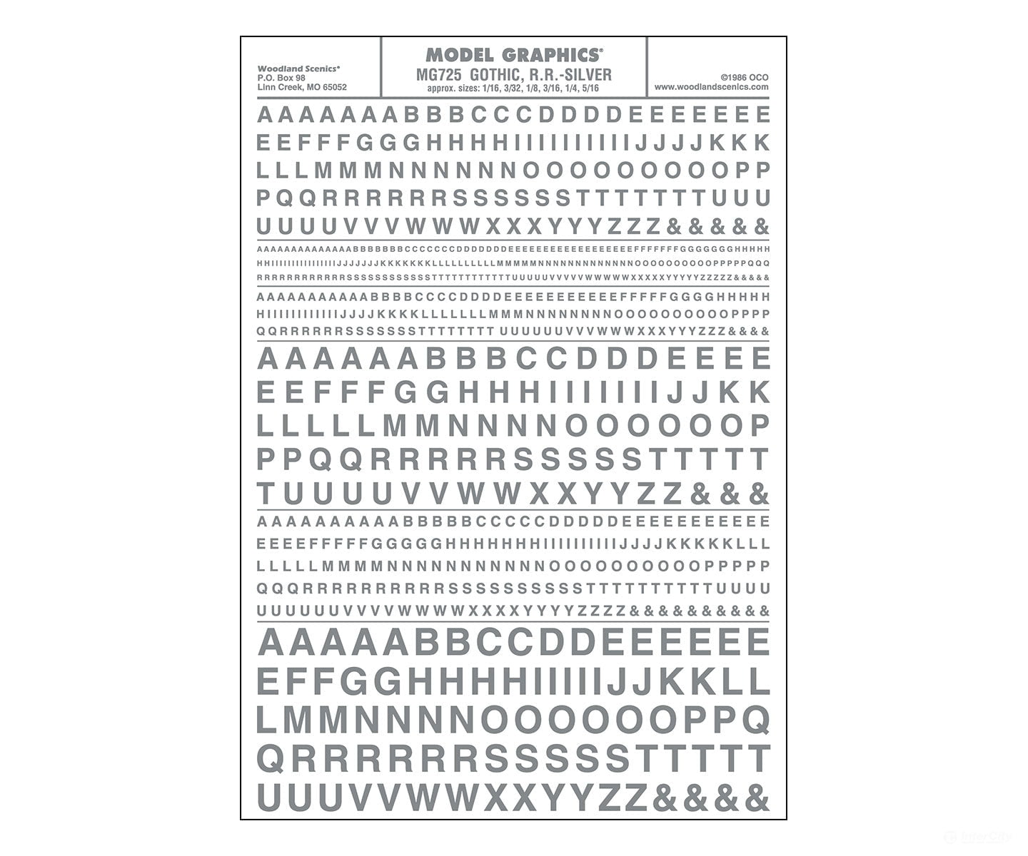 Woodland Scenics 725 Dry Transfer Alphabet & Numbers - Railroad Gothic - - Silver Decals