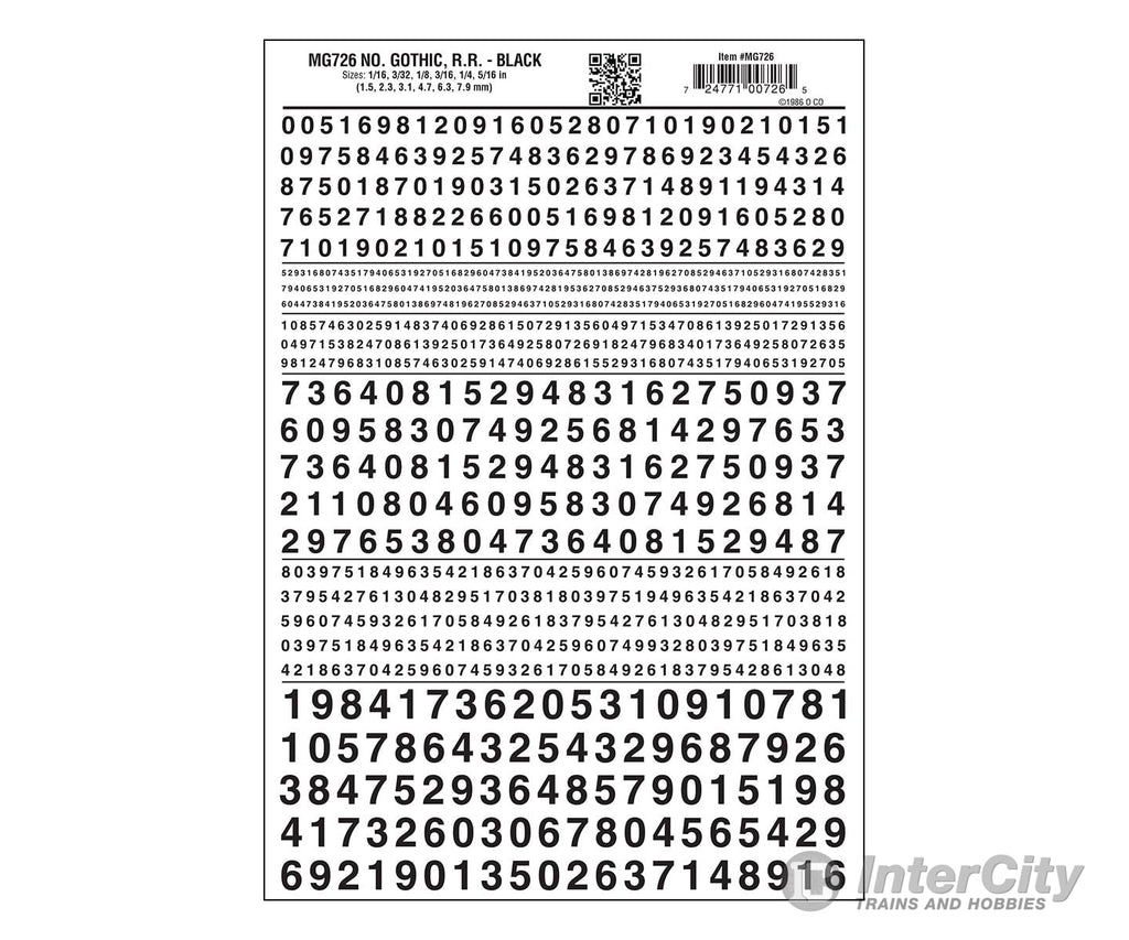 Woodland Scenics 726 Dry Transfer Numbers Only - Railroad Gothic - - Black Decals
