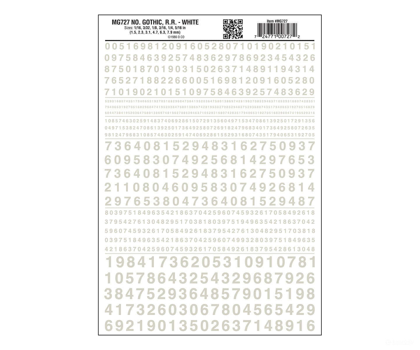 Woodland Scenics 727 Dry Transfer Numbers Only - Railroad Gothic - - White Decals
