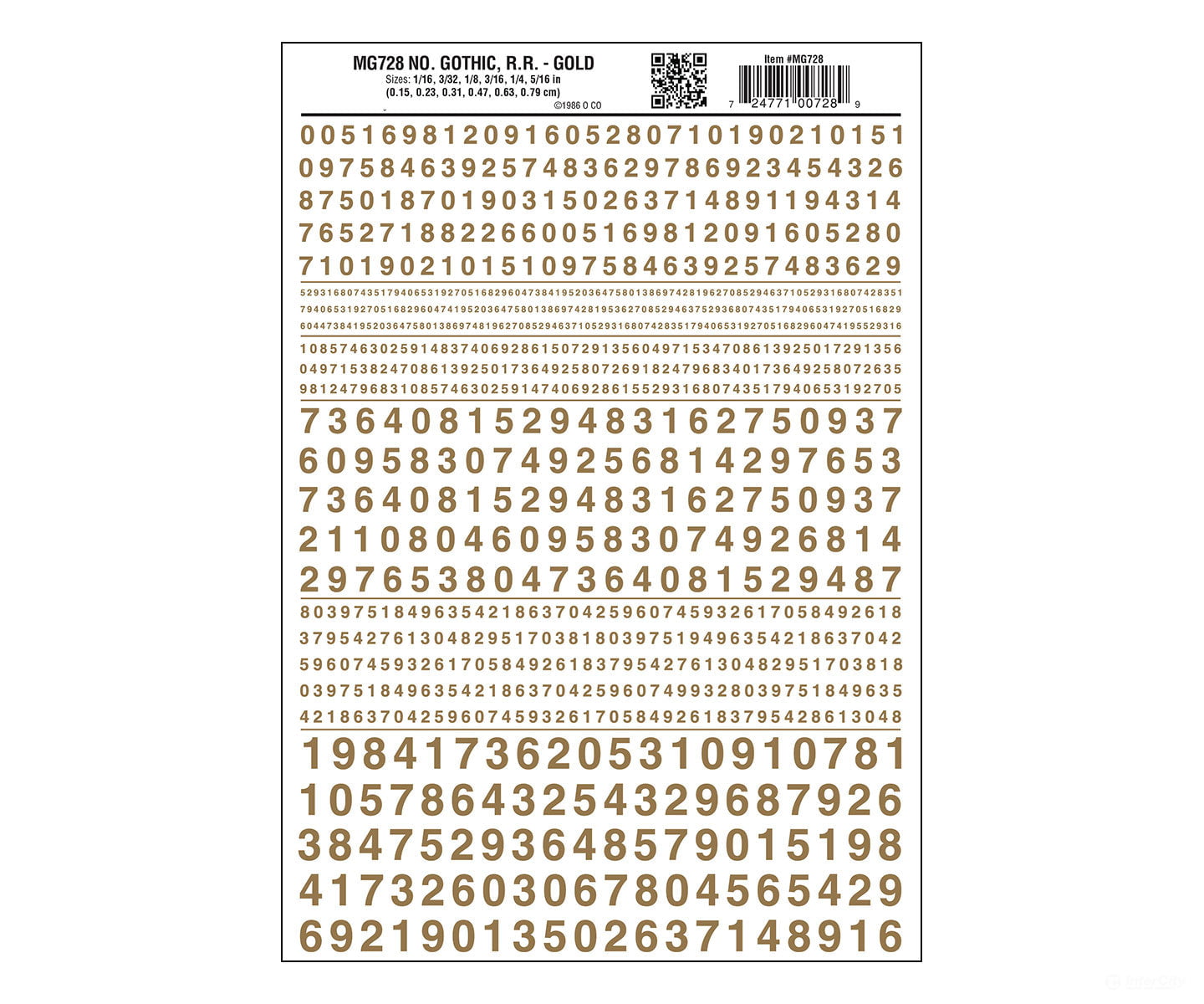 Woodland Scenics 728 Dry Transfer Numbers Only - Railroad Gothic -- Gold Decals