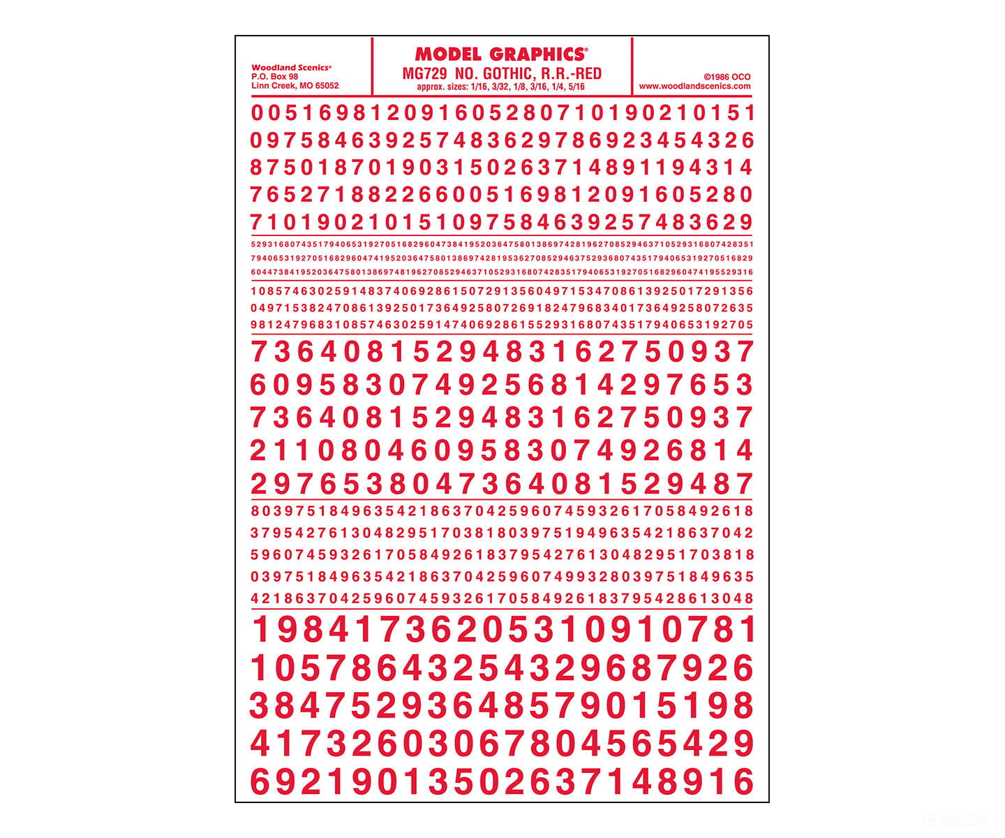 Woodland Scenics 729 Dry Transfer Numbers Only - Railroad Gothic -- Red Decals