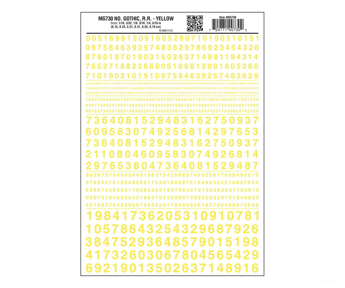 Woodland Scenics 730 Dry Transfer Numbers Only - Railroad Gothic -- Yellow Decals