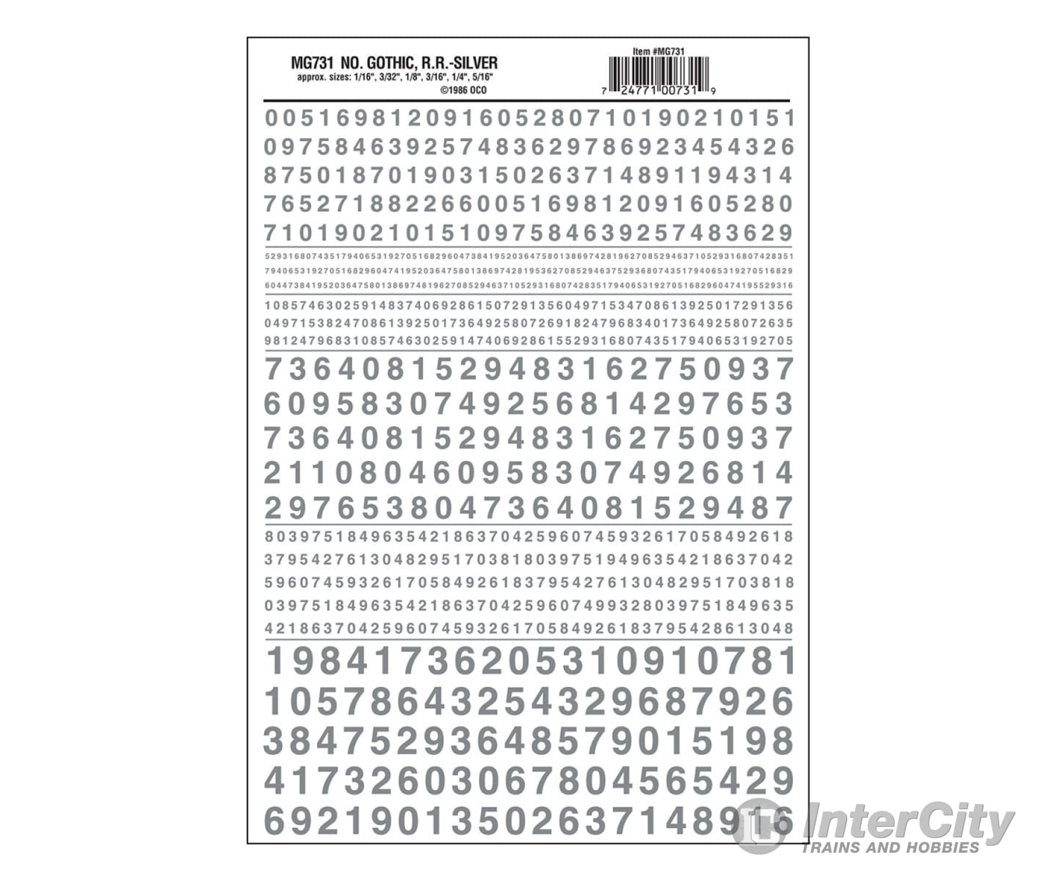 Woodland Scenics 731 Dry Transfer Numbers Only - Railroad Gothic -- Silver Decals