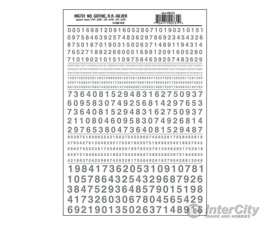 Woodland Scenics 731 Dry Transfer Numbers Only - Railroad Gothic -- Silver Decals