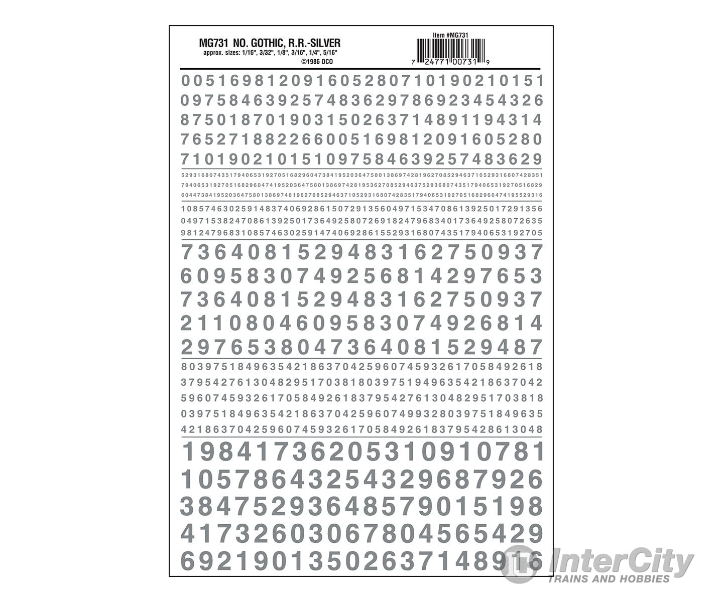 Woodland Scenics 731 Dry Transfer Numbers Only - Railroad Gothic -- Silver Decals