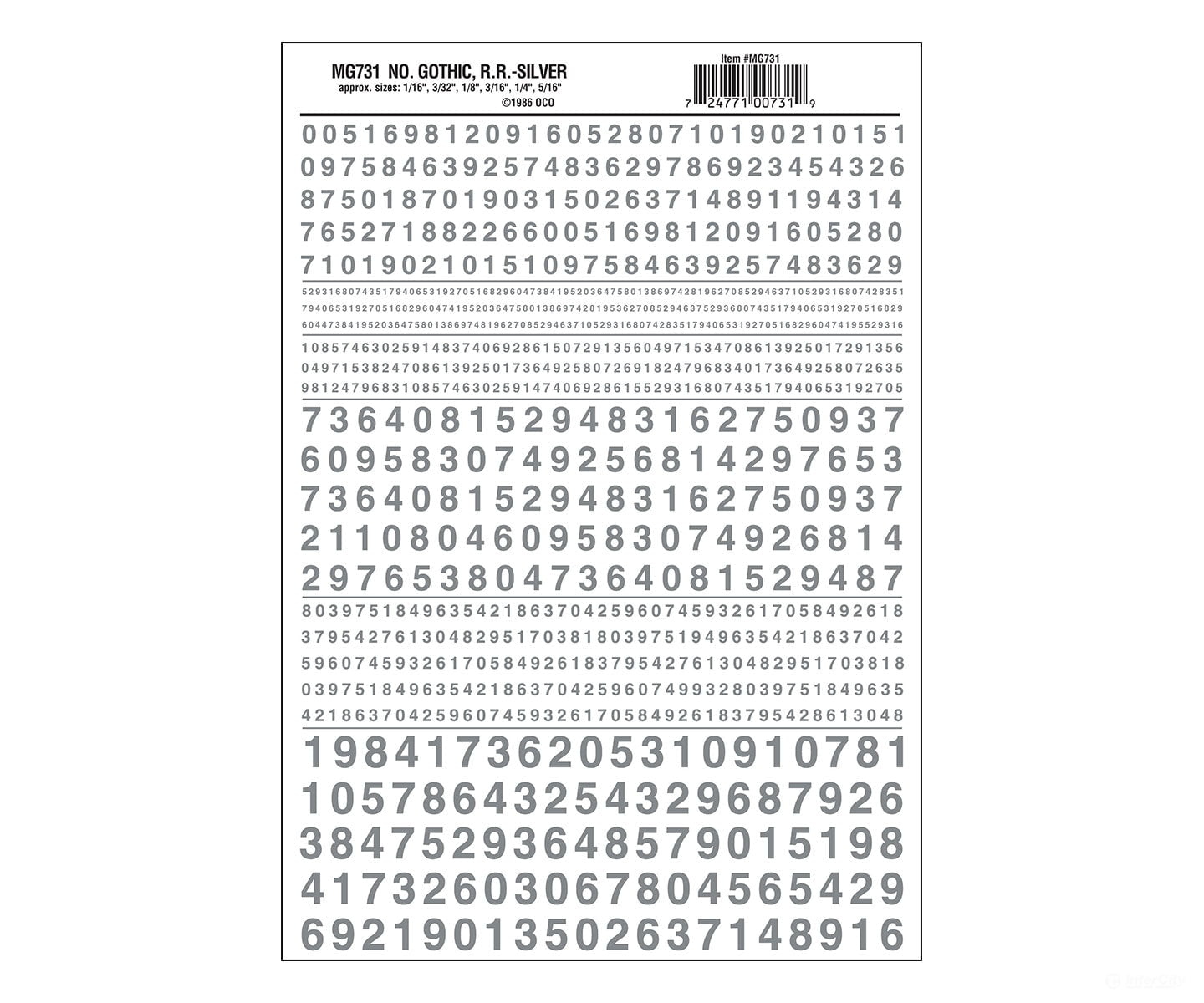Woodland Scenics 731 Dry Transfer Numbers Only - Railroad Gothic -- Silver Decals