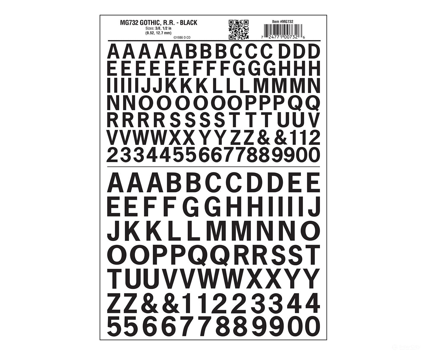 Woodland Scenics 732 Dry Transfer Alphabet & Numbers - Railroad Gothic 3/8 1/2’ 1 1.3Cm -- Black