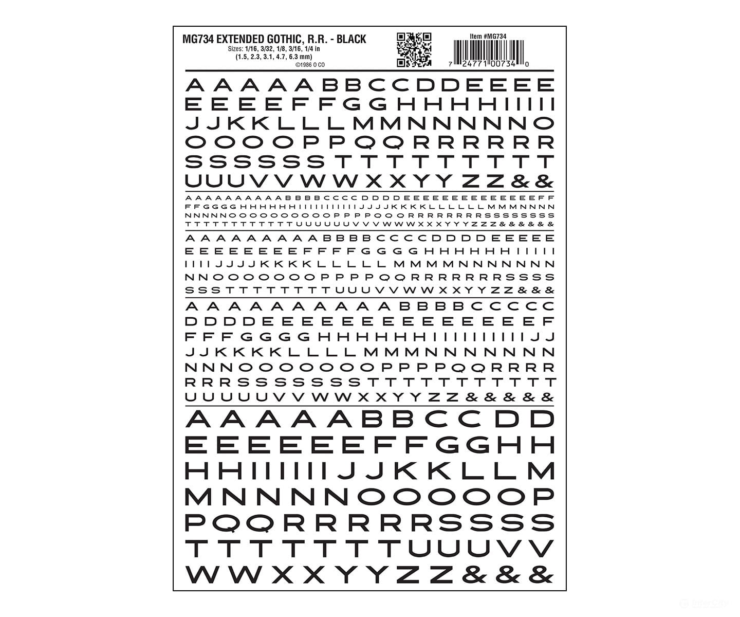 Woodland Scenics 734 Dry Transfer Alphabet & Numbers - Extended Railroad Gothic -- Black Decals