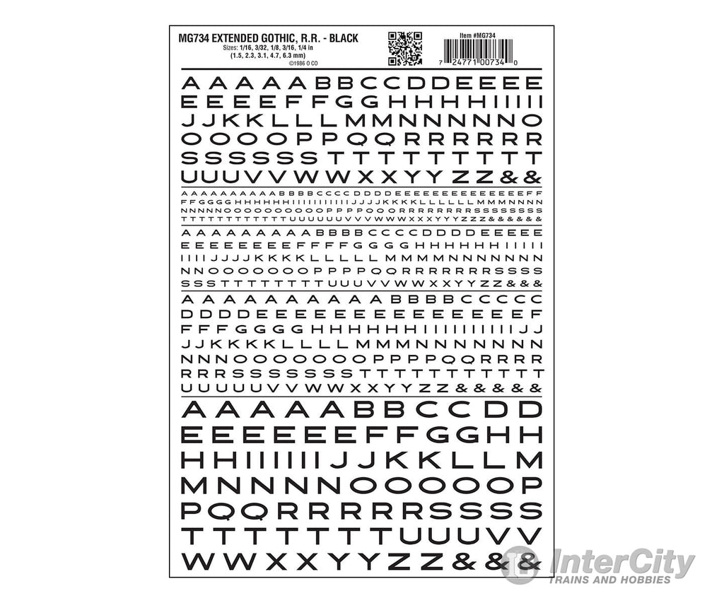 Woodland Scenics 734 Dry Transfer Alphabet & Numbers - Extended Railroad Gothic -- Black Decals