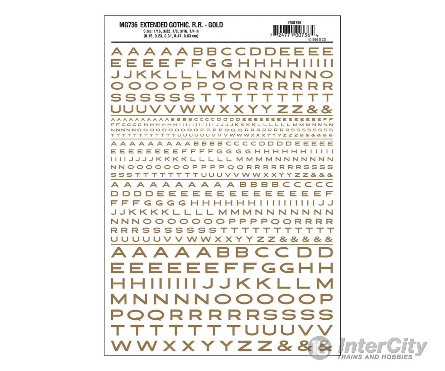 Woodland Scenics 736 Dry Transfer Alphabet & Numbers - Extended Railroad Gothic -- Gold Decals