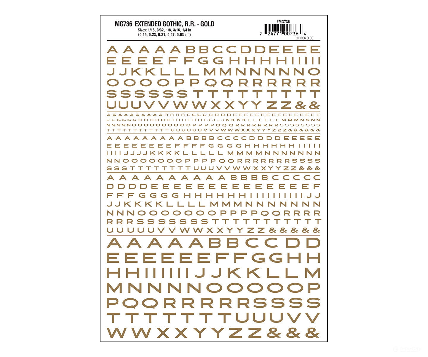 Woodland Scenics 736 Dry Transfer Alphabet & Numbers - Extended Railroad Gothic -- Gold Decals