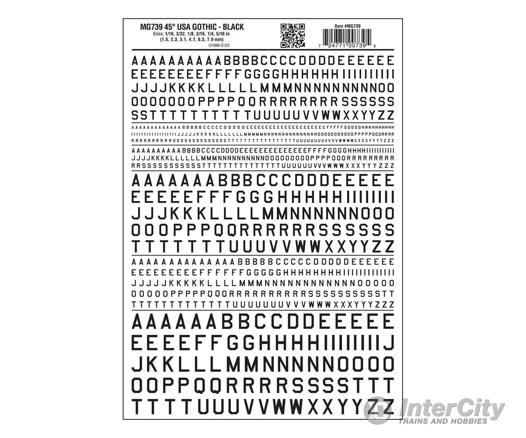Woodland Scenics 739 Dry Transfer Alphabet & Numbers - 45-Degree Usa Gothic (Military Style) --