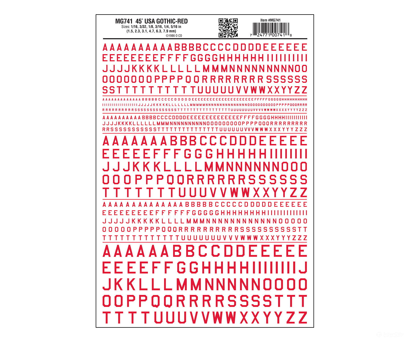 Woodland Scenics 741 Dry Transfer Alphabet & Numbers - 45 - Degree Usa Gothic (Military Style) - -