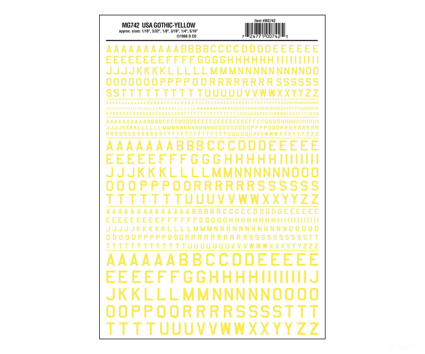 Woodland Scenics 742 Dry Transfer Alphabet - 45 Degree Usa Gothic (Military Style) - - Yellow Decals