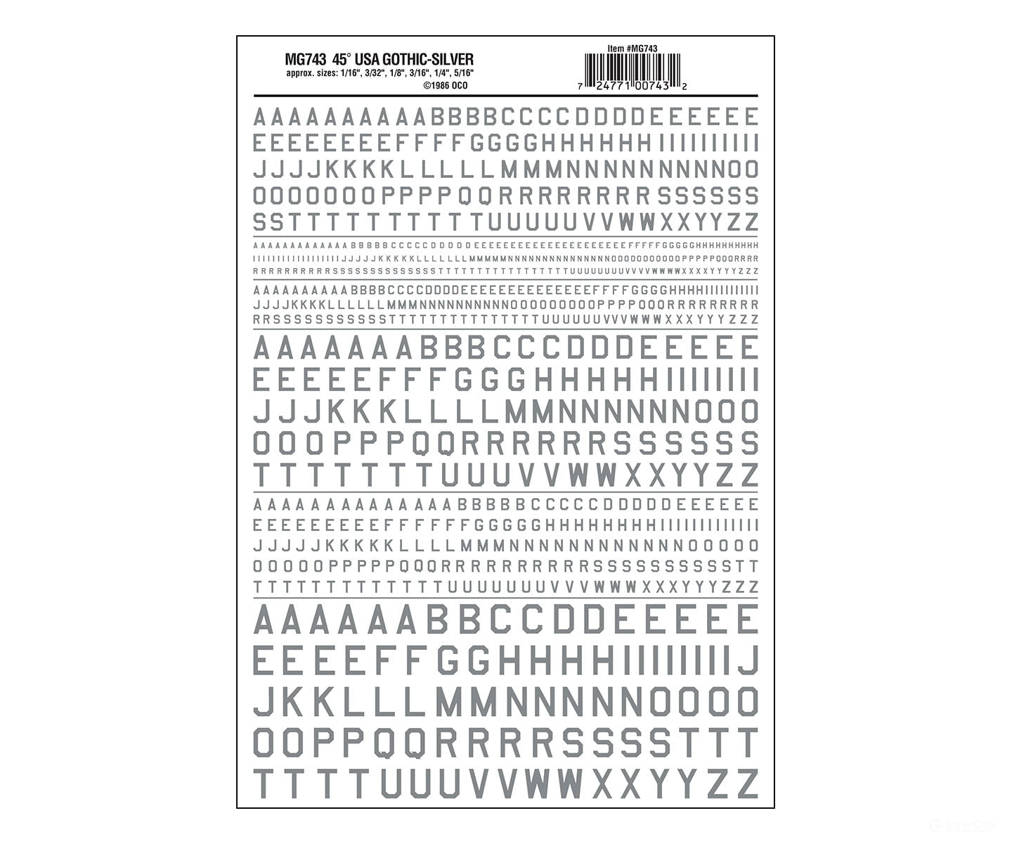Woodland Scenics 743 Dry Transfer Alphabet & Numbers - 45 - Degree Usa Gothic (Military Style) - -