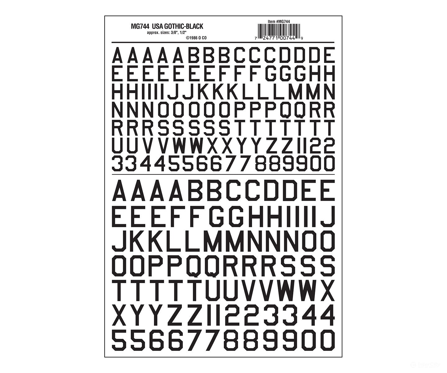 Woodland Scenics 744 Dry Transfer Alphabet & Numbers - 45 Degree Usa Gothic (Military; 3/8 1/2’)