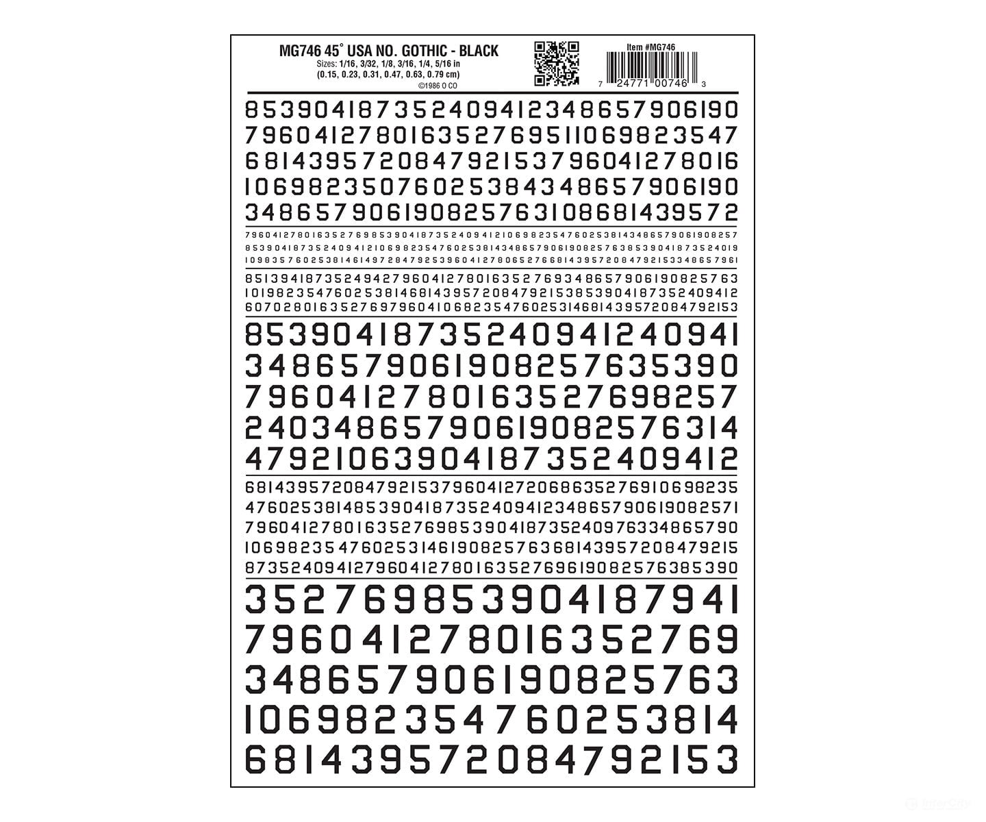 Woodland Scenics 746 Dry Transfer Numbers Only - 45 Degree Usa Gothic (Military Style) - - Black