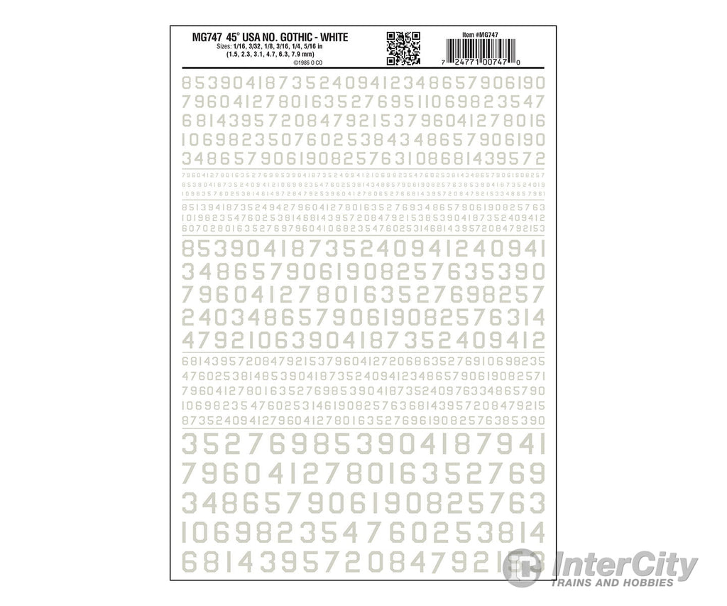 Woodland Scenics 747 Dry Transfer Numbers Only - 45 Degree Usa Gothic (Military Style) - - White