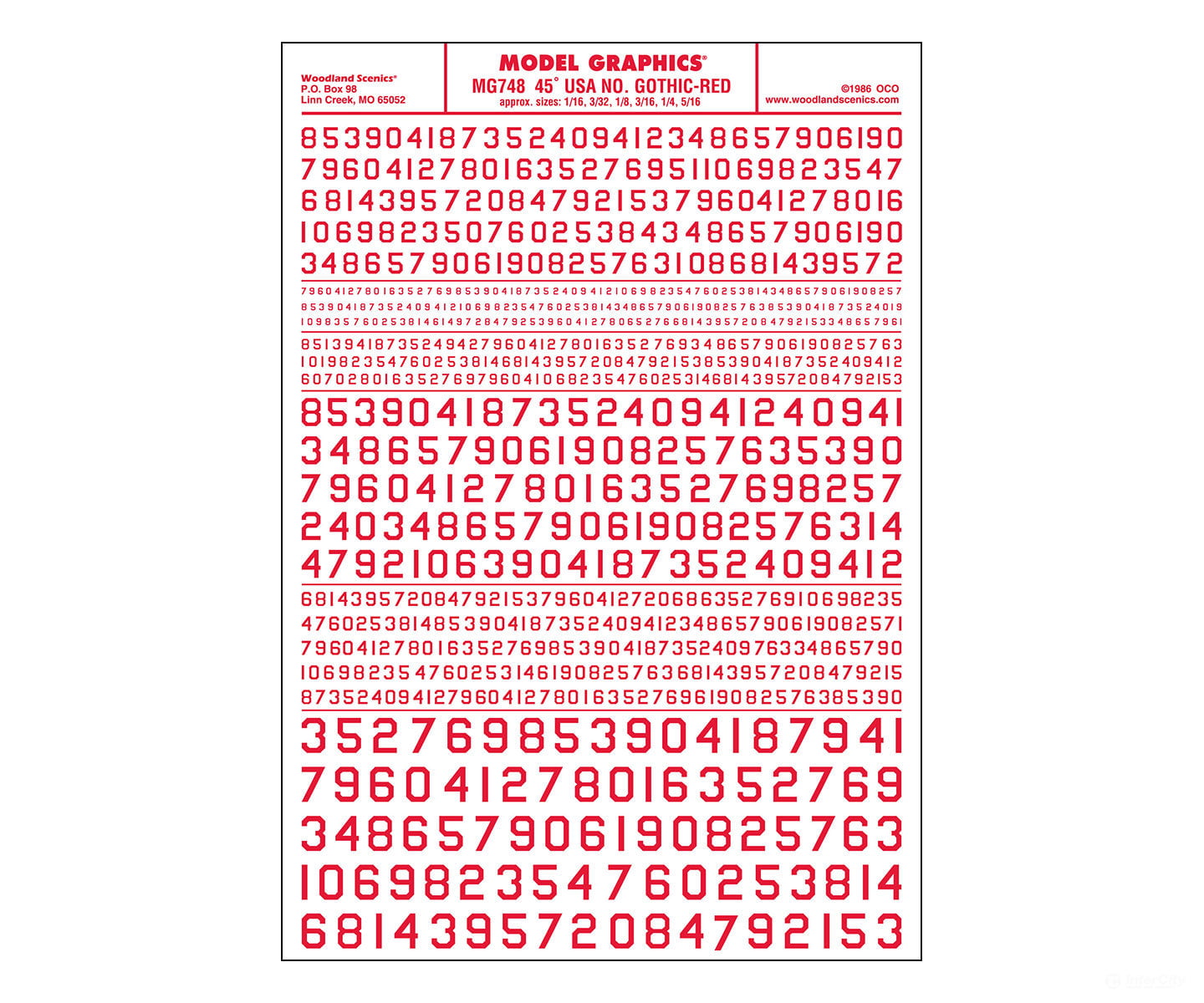 Woodland Scenics 748 Dry Transfer Numbers Only - 45 Degree Usa Gothic (Military Style) - - Red