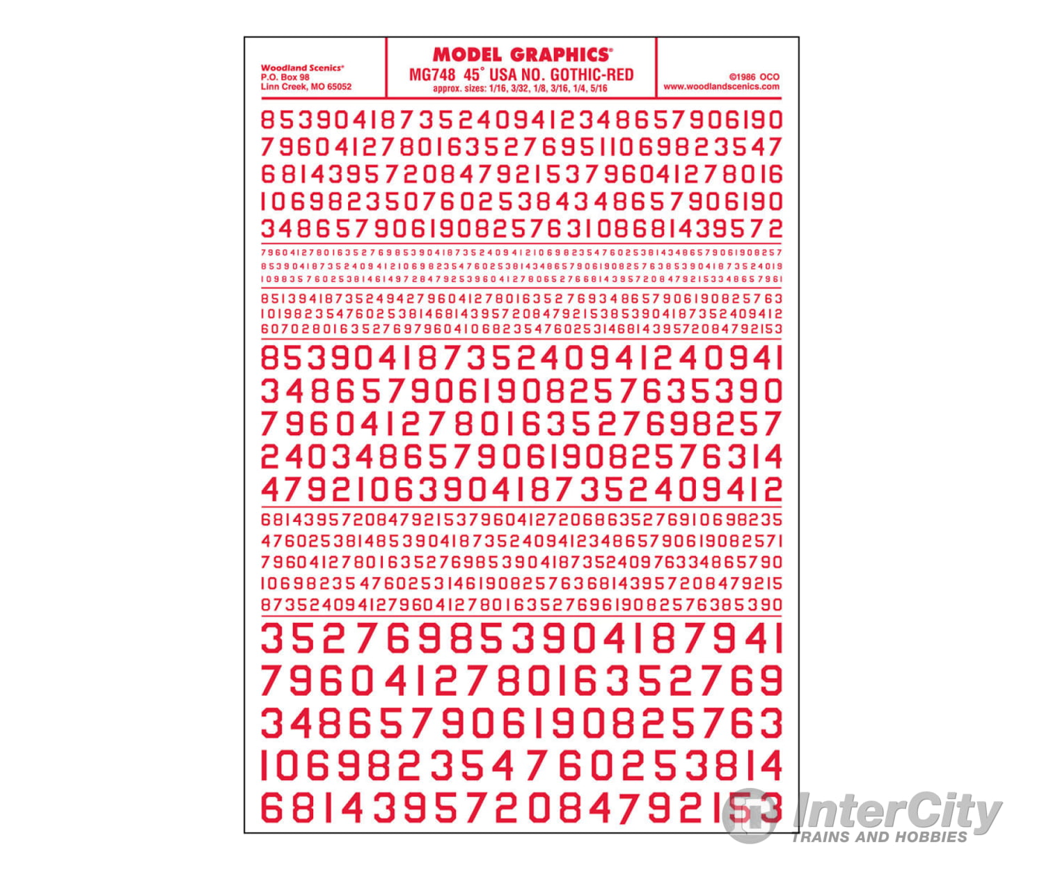 Woodland Scenics 748 Dry Transfer Numbers Only - 45 Degree Usa Gothic (Military Style) - - Red