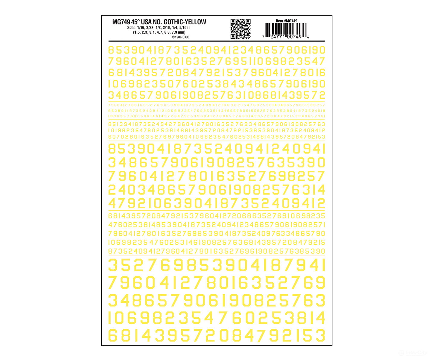 Woodland Scenics 749 Dry Transfer Numbers Only - 45 Degree Usa Gothic (Military Style) -- Yellow