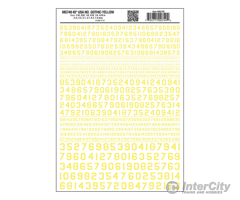 Woodland Scenics 749 Dry Transfer Numbers Only - 45 Degree Usa Gothic (Military Style) -- Yellow