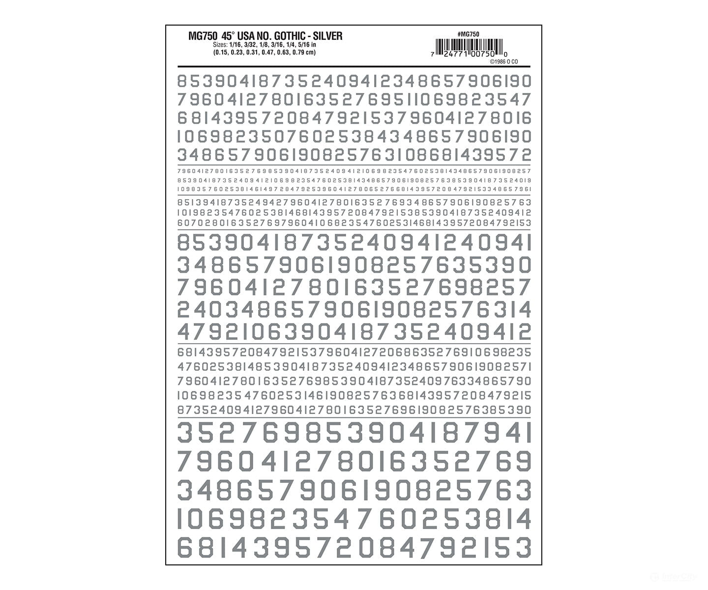 Woodland Scenics 750 Dry Transfer Numbers Only - 45 Degree Usa Gothic (Military Style) -- Silver