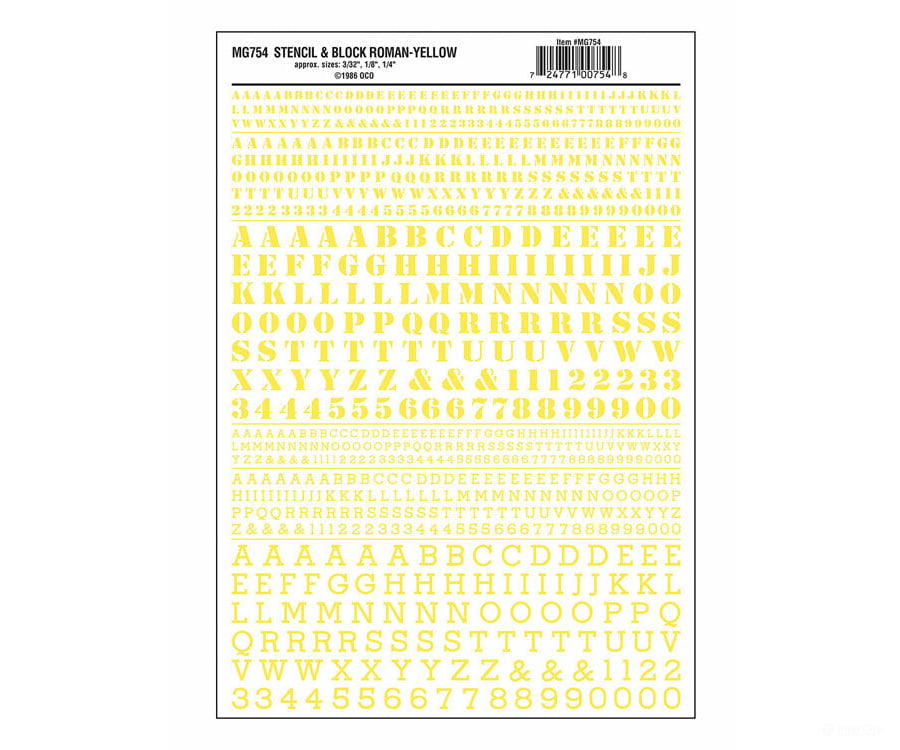 Woodland Scenics 754 Dry Transfer Alphabet & Numbers - Stencil/Block Roman -- Yellow Decals