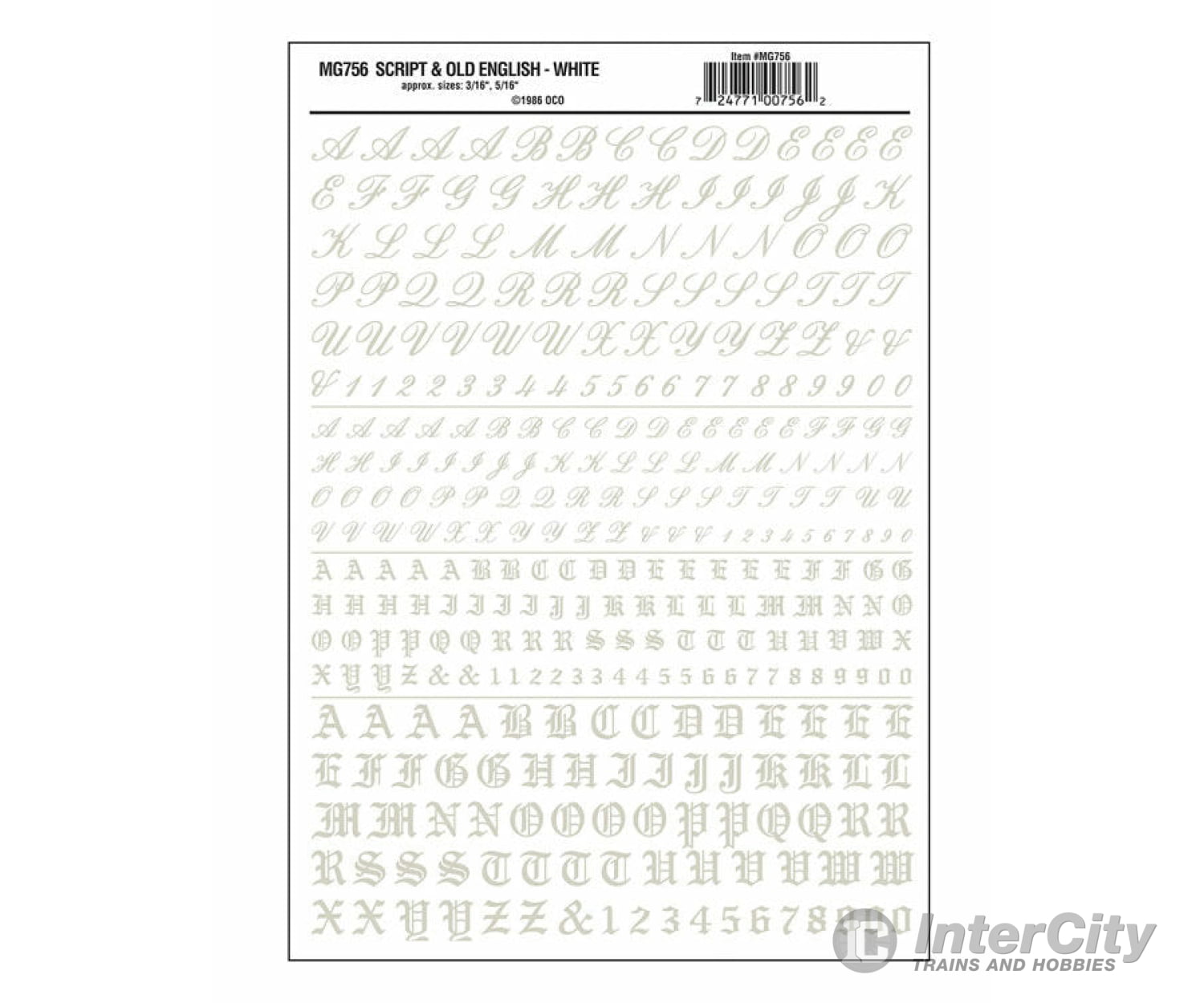 Woodland Scenics 756 Dry Transfer Alphabet & Numbers - Script/Old English - - White Decals