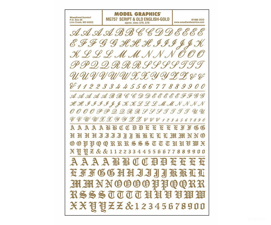 Woodland Scenics 757 Dry Transfer Alphabet & Numbers - Script/Old English - - Gold Decals