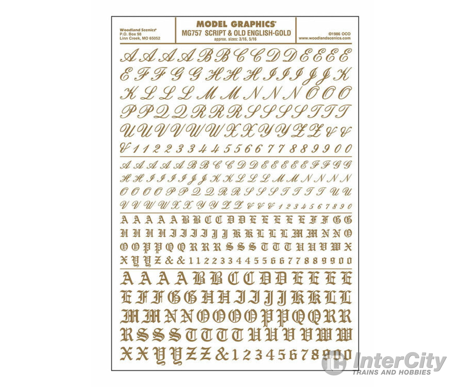 Woodland Scenics 757 Dry Transfer Alphabet & Numbers - Script/Old English - - Gold Decals