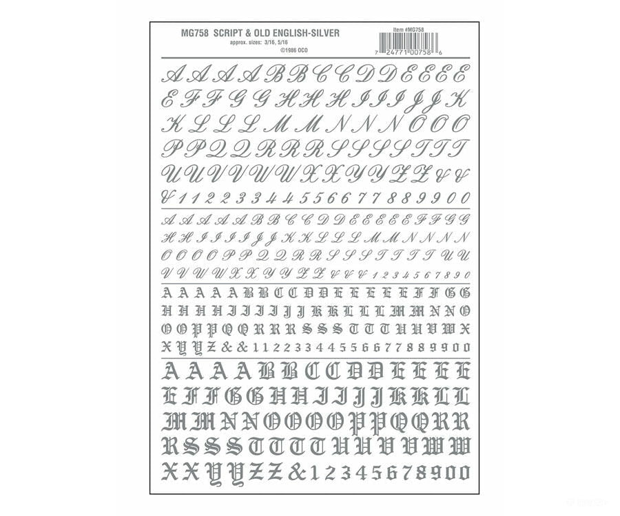 Woodland Scenics 758 Dry Transfer Alphabet & Numbers - Script/Old English - - Silver Decals