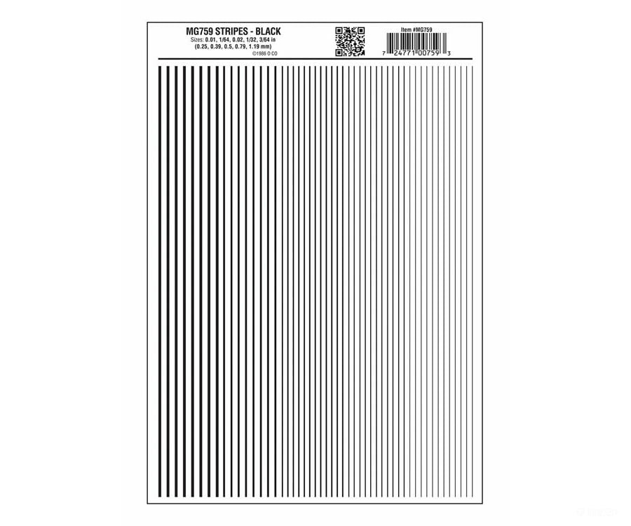 Woodland Scenics 759 Dry Transfer Stripes -.010 1/64.022 1/32 & 3/64’ Wide -- Black Decals