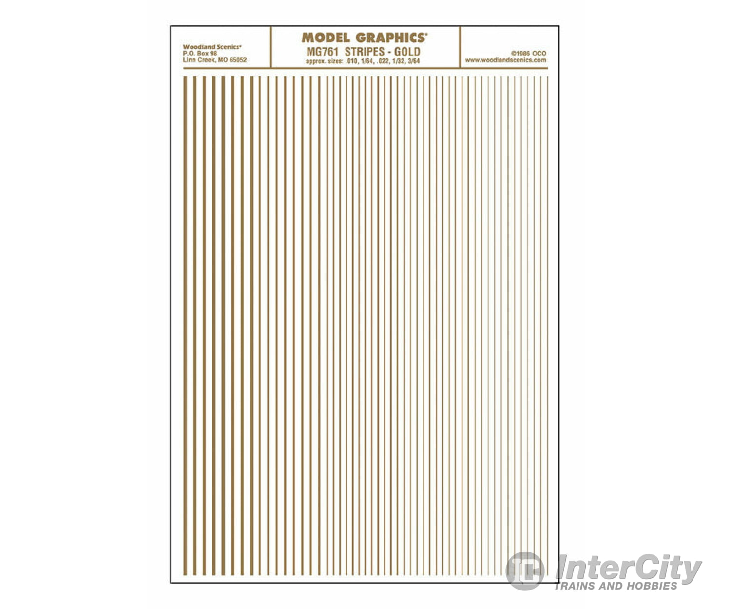 Woodland Scenics 761 Dry Transfer Stripes -.010 1/64.022 1/32 & 3/64’ Wide -- Gold Decals