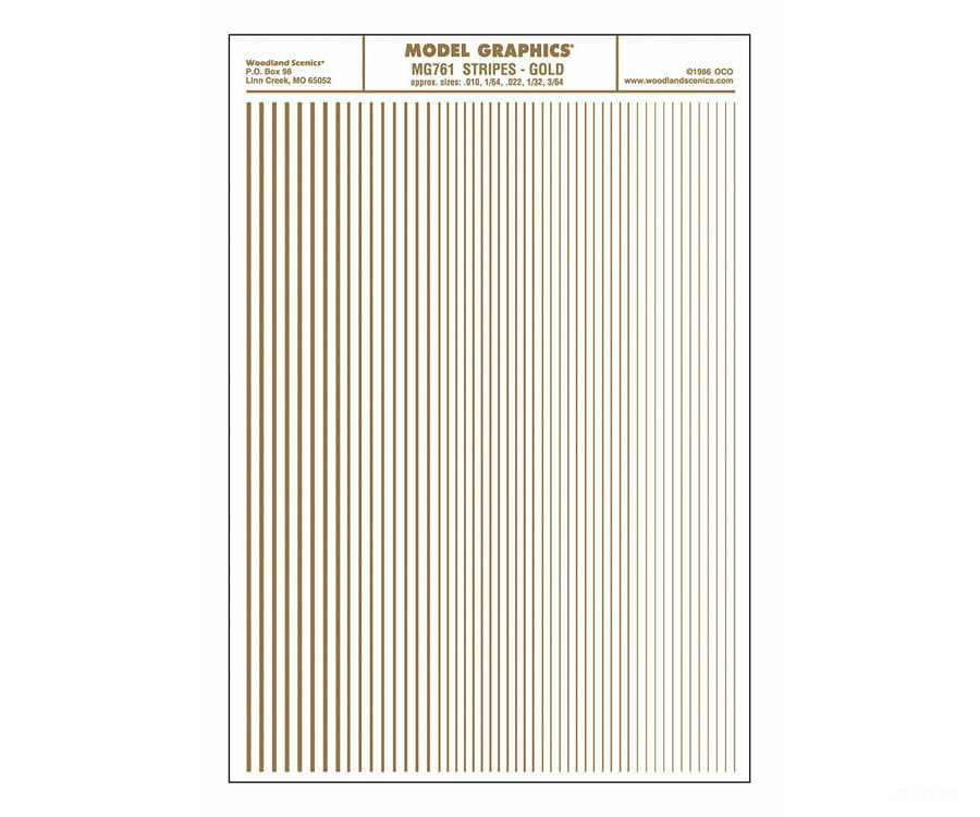 Woodland Scenics 761 Dry Transfer Stripes -.010 1/64.022 1/32 & 3/64’ Wide -- Gold Decals