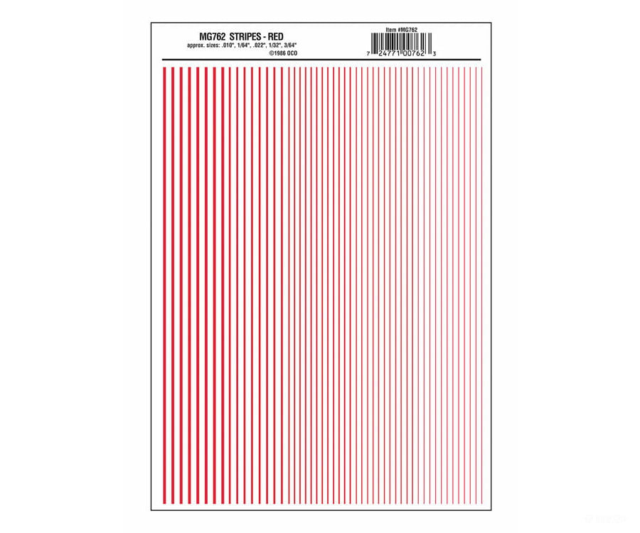 Woodland Scenics 762 Dry Transfer Stripes -.010 1/64.022 1/32 & 3/64’ Wide -- Red Decals