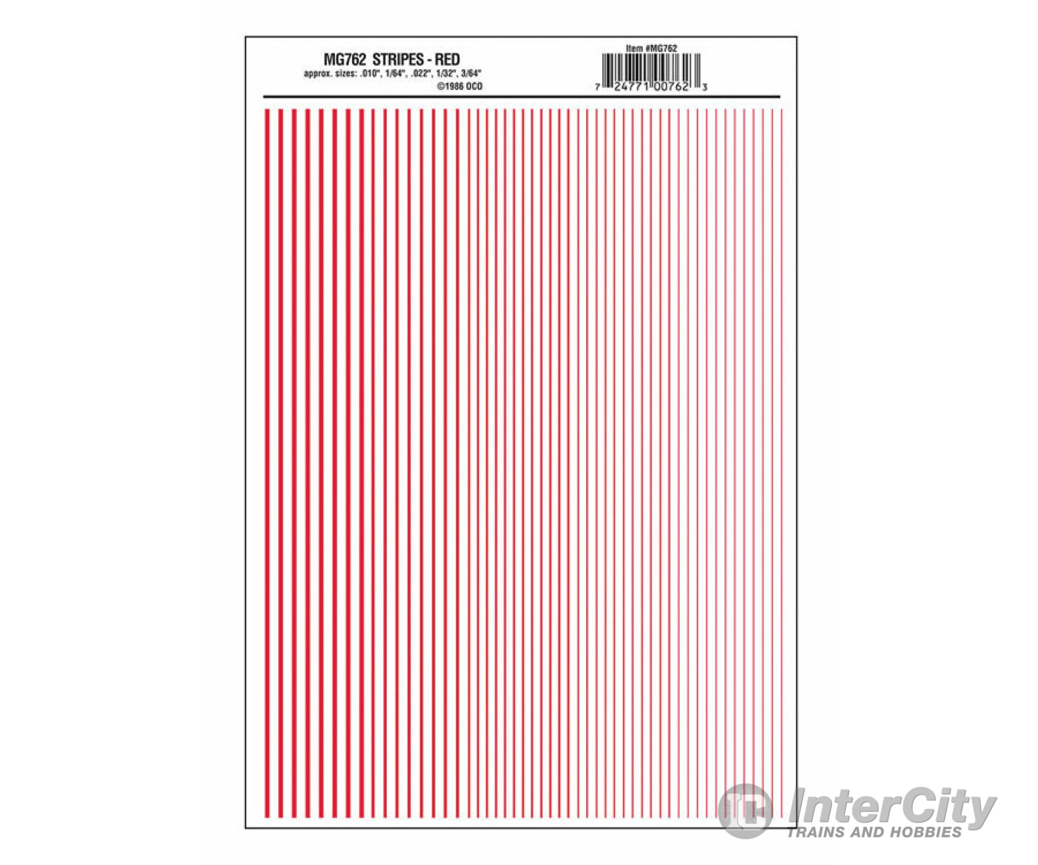 Woodland Scenics 762 Dry Transfer Stripes -.010 1/64.022 1/32 & 3/64’ Wide -- Red Decals