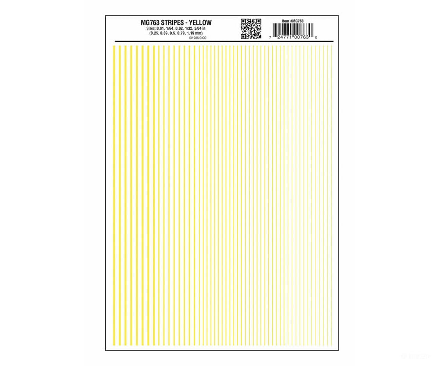 Woodland Scenics 763 Dry Transfer Stripes - .010 1/64.022 1/32 & 3/64’ Wide - - Yellow Decals